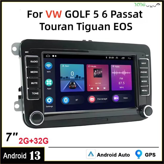 7inch Android 13 Auto Radio for VW GOLF 5/6/Passat/Touran/Tiguan/EOS | 2+32G GPS Navigatie, Draadloos CarPlay & Achteruitrijcamera