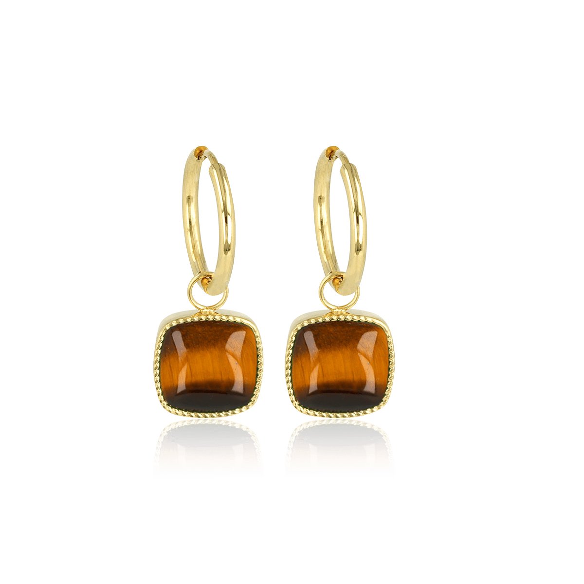 My Bendel - Oorbel Goudkleurig Tiger Eye 38mm - Oorbellen met Tiger Eye Hanger - met Luxe Cadeauverpakking | Sieraden Voor Dames