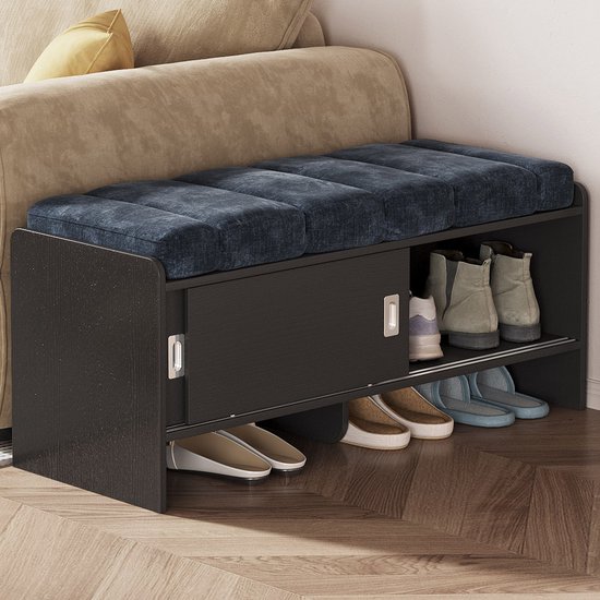 Halmeubel Guyii - Banc à chaussures de Luxe avec rangement - Velours Blauw - 110 cm - Banc confortable avec Coussins et porte coulissante - Meuble à chaussures pour entrée, chambre ou canapé-lit