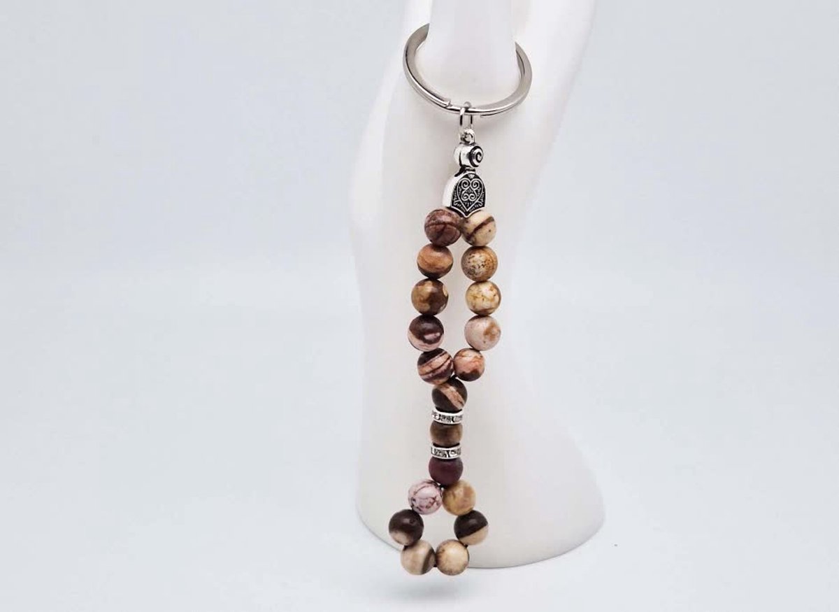 Handgemaakte Herinnering Sleutelhanger van natuursteen " Australia Zebra Jasper" en metaal - diameter kralen 8mm - Aantal stenen 19 - Een mooi cadeau-idee en een bijzonder aandenken