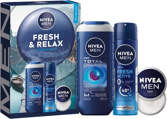 NIVEA MEN Fresh & Relax Geschenkset - Giftset met Douchegel, Deo en Crème - Cadeaubox - Geschenkdoor - Cadeau - Kerstkado
