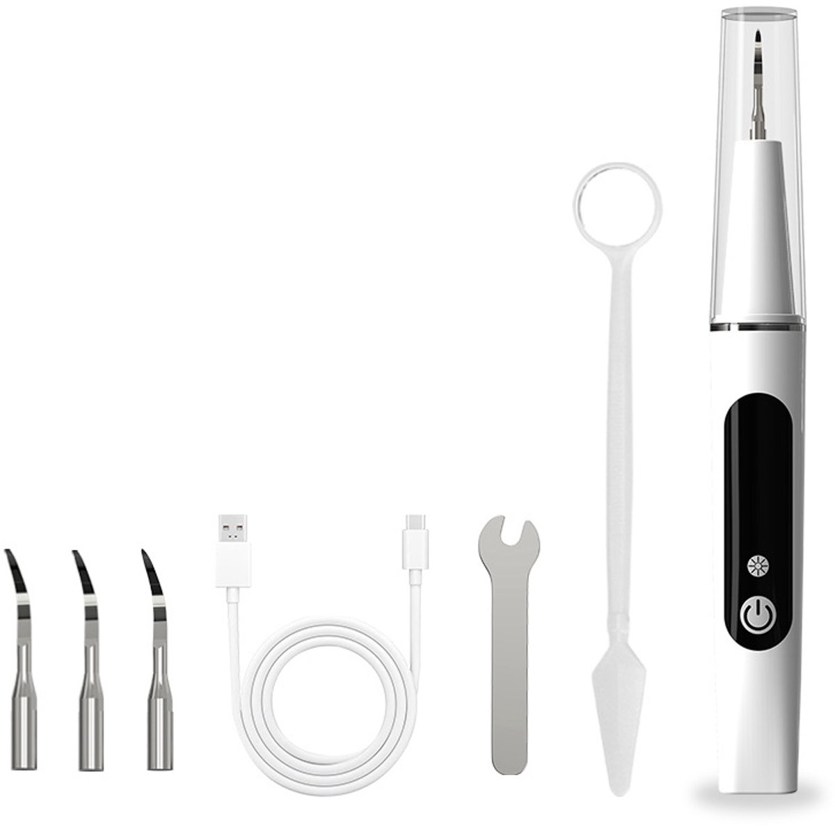 Nieuwe ultrasone tandsteenverwijderaar met LED-verlichting en wifi-camera, draagbare tandreiniger met 6 standen, inclusief: wit hoofdapparaat x1, USB-oplaadkabel x1, reinigingskoppen x2, sleutel x1, schuurkoppen x2, verpakking x1 en mondspiegel x1.