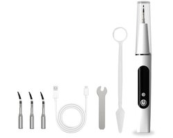 Nieuwe ultrasone tandsteenverwijderaar met LED-verlichting en wifi-camera, draagbare tandreiniger met 6 standen, inclusief: wit hoofdapparaat x1, USB-oplaadkabel x1, reinigingskoppen x2, sleutel x1, schuurkoppen x2, verpakking x1 en mondspiegel x1.