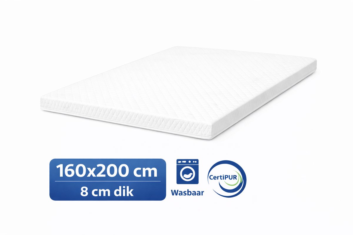Kikishop Topdekmatras 160x200 – 8 cm HR Koudschuim – Afritsbaar & Wasbaar – CertiPUR® Gecertificeerd – Medium Hardheid – Comfort Matrastopper