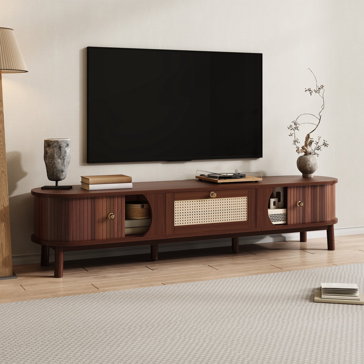 REDOM TV-kast - massief hout & rattan - met lades en deuren - 170 x 38 x 39,5 cm Natural Natuurlijk