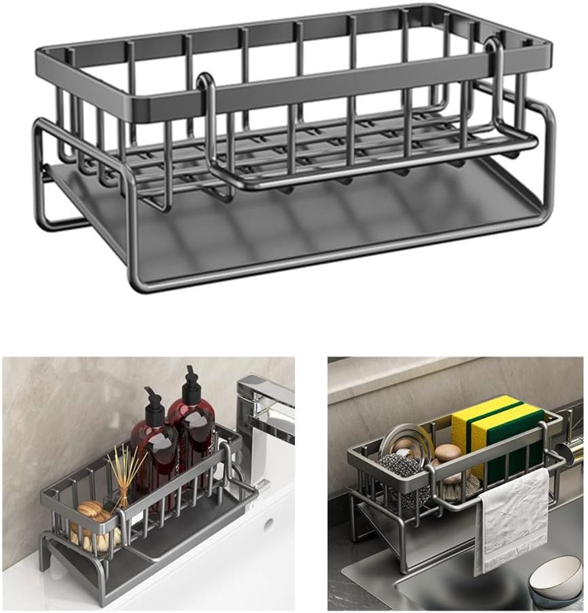 Famanu – Keukendoek- en sponshouder voor gootsteen – Multifunctionele spoelbak organizer – Zwart – Voor doekjes, spons en afwasmiddel