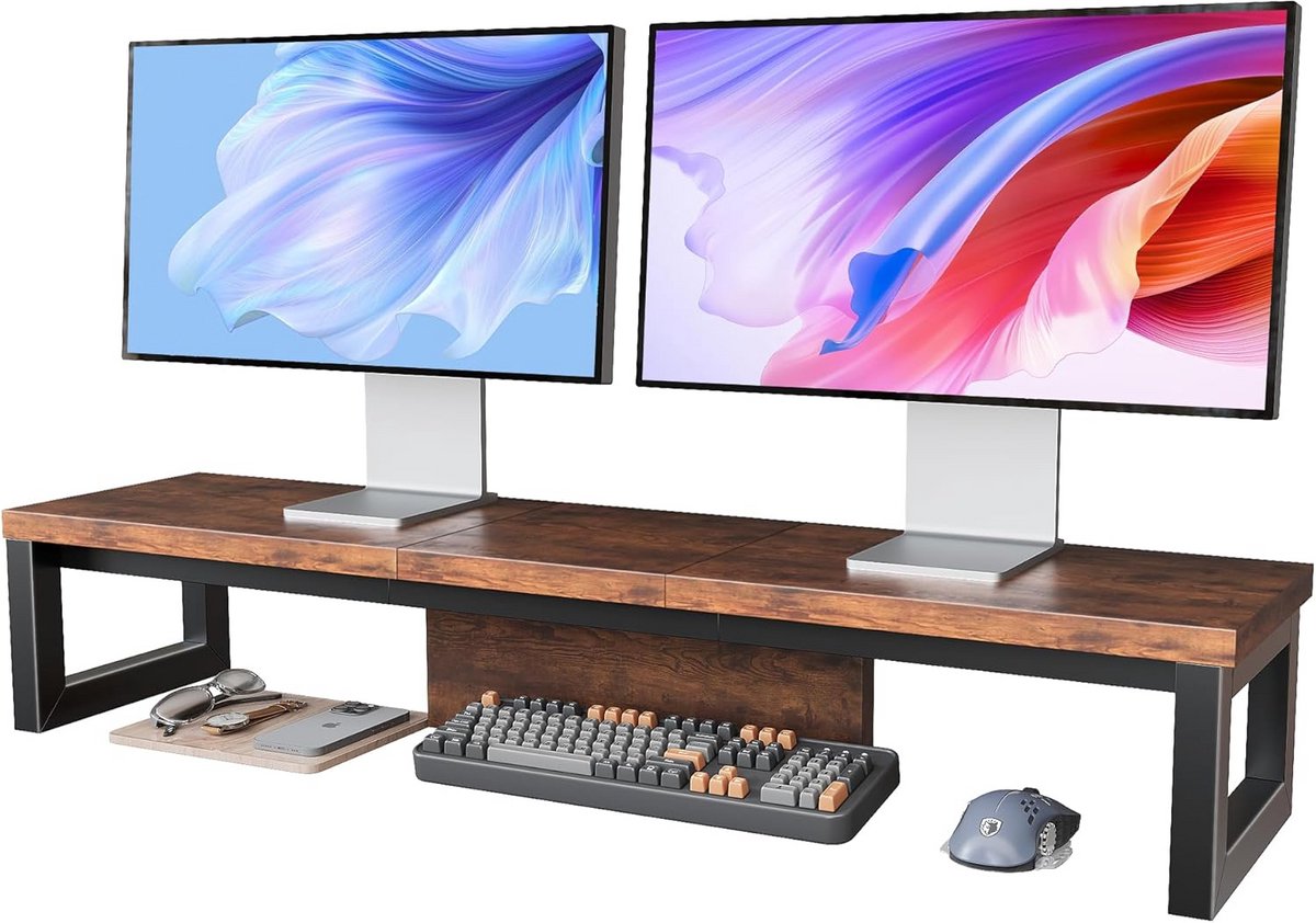 Monitorverhoger Dubbel met Plank - Bureau Organizer voor 2 Schermen, Laptop en Printer - Hout en Staal