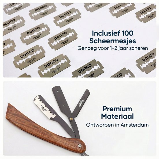 100 Dorco scheermesjes en een klassiek open scheermes met houten handvat.