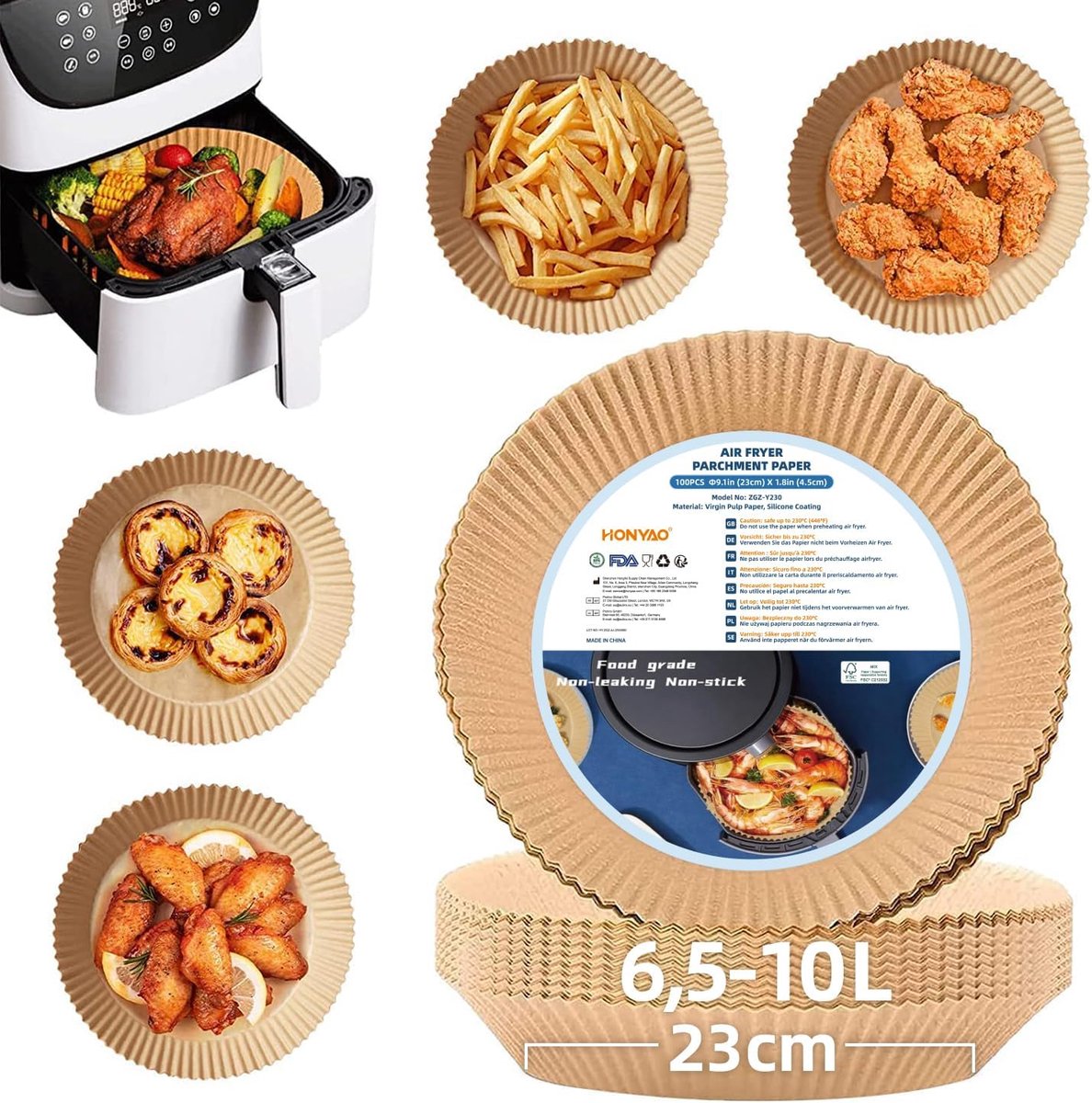 Airfryer Bakpapier Ronde 23 cm, 100 stuks Wegwerp Bakpapier XXL voor Hetelucht Friteuse 6,5-10 L, non-stick Air Fryer Papieren Voeringen voor Frituren, Bakken, Braden en Oliebestendig