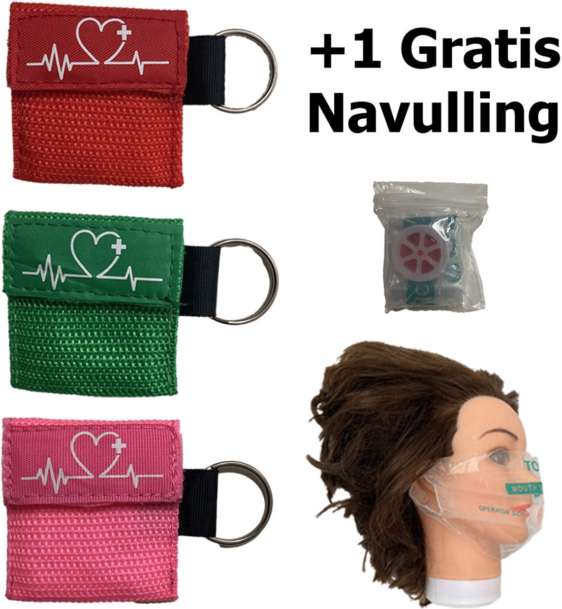 Reanimatiemasker | Kiss of Life | Beademingsmasker | Reanimatie masker | Sleutelhanger | Veilig reanimeren | Rood, Groen, Roze | 3 stuks