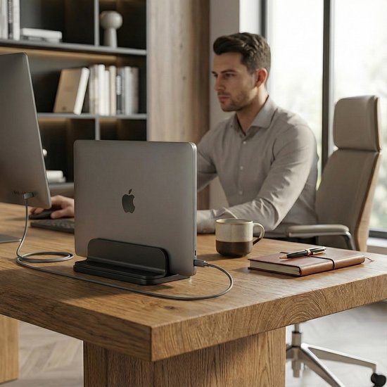 Man in kantoor met MacBook in zwarte standaard.