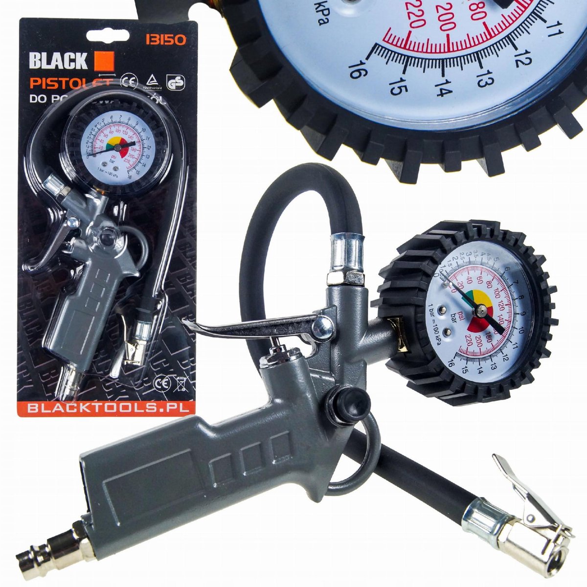 BANDEN OPPOMP PISTOOL GROTE DRUKMETER POMP 12 BAR 1/4 SLANG 35 CM ZWART