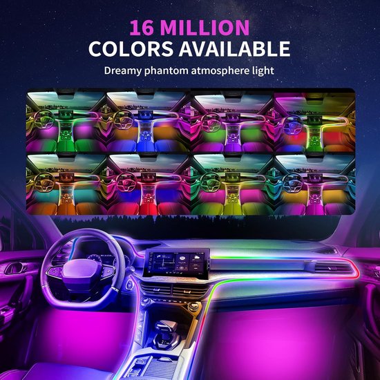 Collage van auto-interieurs met 16 miljoen kleuren sfeerverlichting in diverse combinaties.