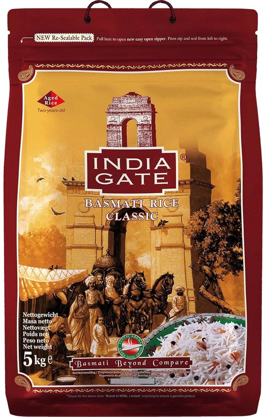 India Gate Basmati Rijst Classic 5 kg – Premium Langkorrelige Basmati | Aromatische & Luchtige Rijst | Ideaal voor Biryani, Pulao, Fried Rice & Arabische Gerechten