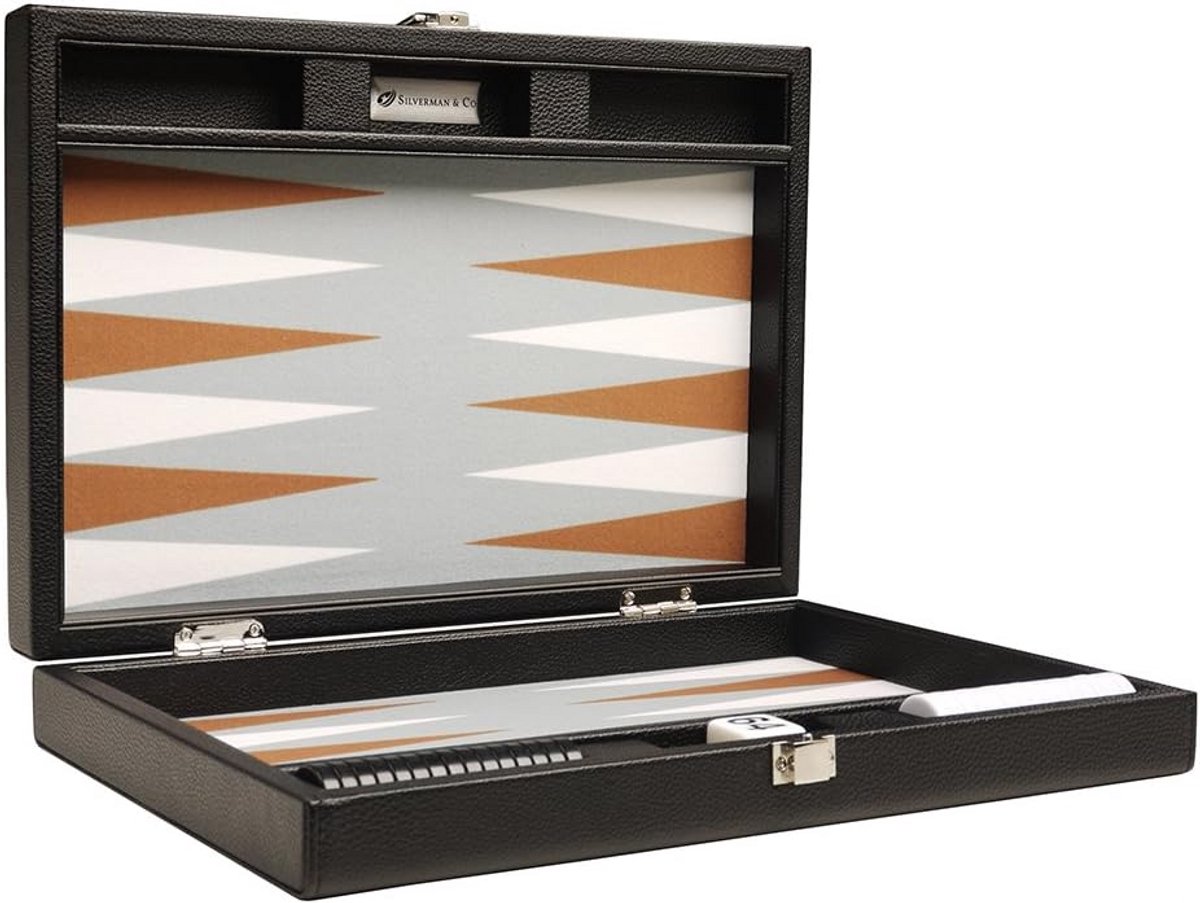 Premium backgammon set 13 inch reisformaat zwart wit