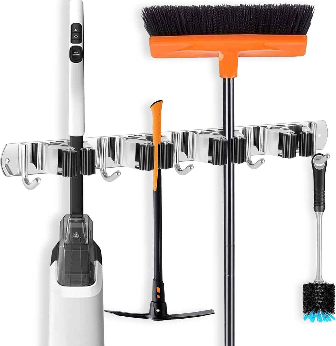 Famanu - Mop en bezemhouder roestvrij staal met zware wandhaken