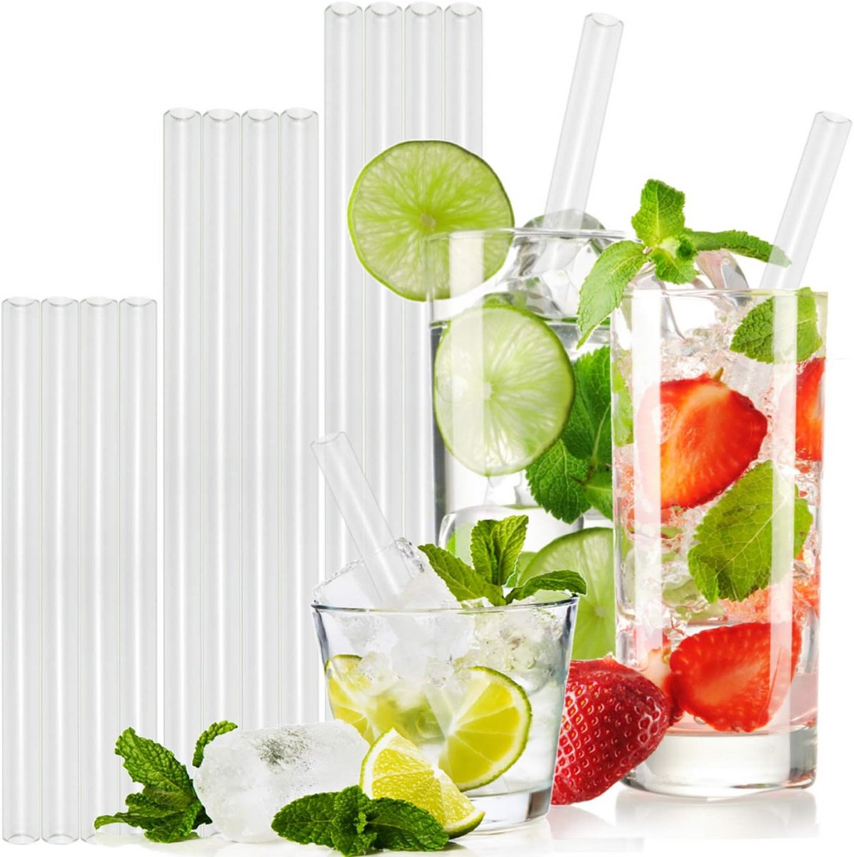 Set van 12 Glazen Rietjes (15, 20, 23 cm) - Herbruikbaar & vaatwasserbestendig