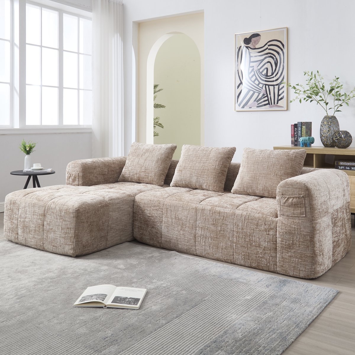Gutent-Bank Moderne hoekbank, L-vormige bank, 3-zitsbank, geen montage nodig, chenille bank met chaise longue en armleuningen, 3 kussens, zijvak voor afstandsbediening, kaki