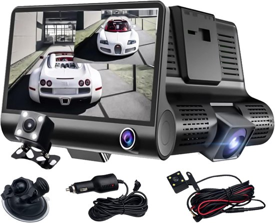 NHOPEEW Dashcam 1080p Met 4,5 Inch Scherm – Voor- En Achtercamera, Nachtzicht, Parkeerhulp, Incl. 64GB-kaart En Loopopname
