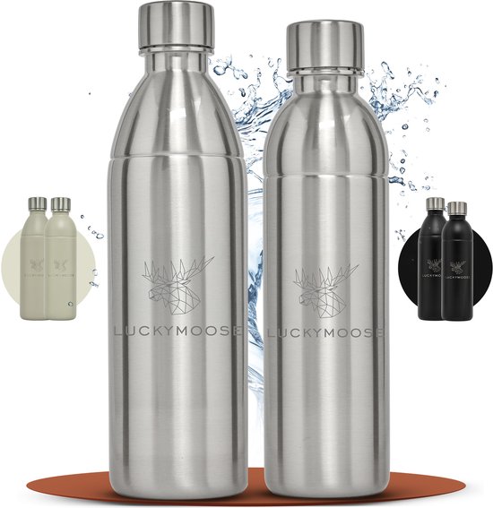 Luckymoose RVS Drinkfles Infinity - Set van 2 0,75L & 1,1L - Geschikt voor SodaStream Bruiswatertoestel - Waterfles voor Bruiswater Machine - Zilver