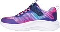 Navy sneaker met paarse, roze en turquoise glinsterende lijnen en een klittenbandsluiting.