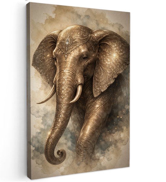 Canvas schilderij - Gouden Olifant - 90x60 cm - Abstracte kunst - Huis decoratie woonkamer - Keuken muur schilderijen - Wanddecoratie accessoires - Kamer interieur - dieren