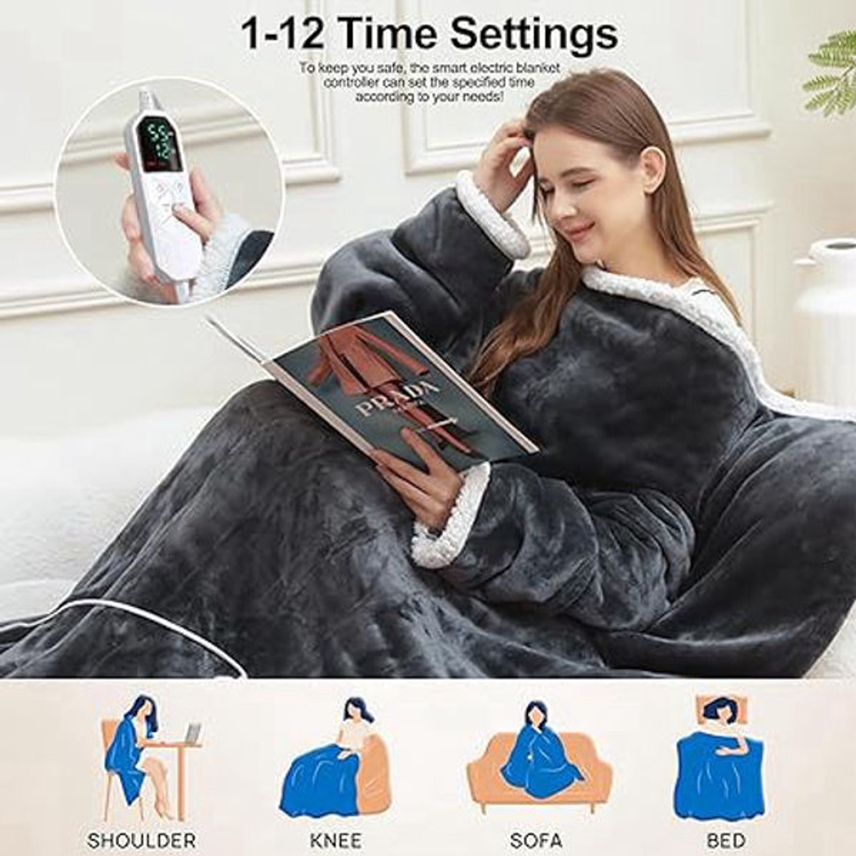 Elektrische Deken met Mouwen en Voetenzak – 130×180 cm – 10 Warmtestanden – Timer tot 12 Uur – Wasbaar Flanel – Draagbare Warmtedeken voor Thuis – foto 6