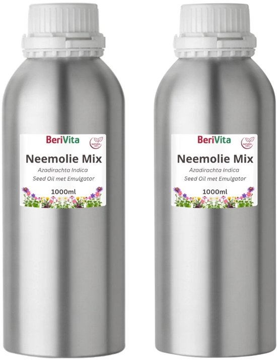 Twee zilverkleurige flessen van 1000ml met witte doppen. De etiketten tonen 'Neemolie Mix' en bloemen.