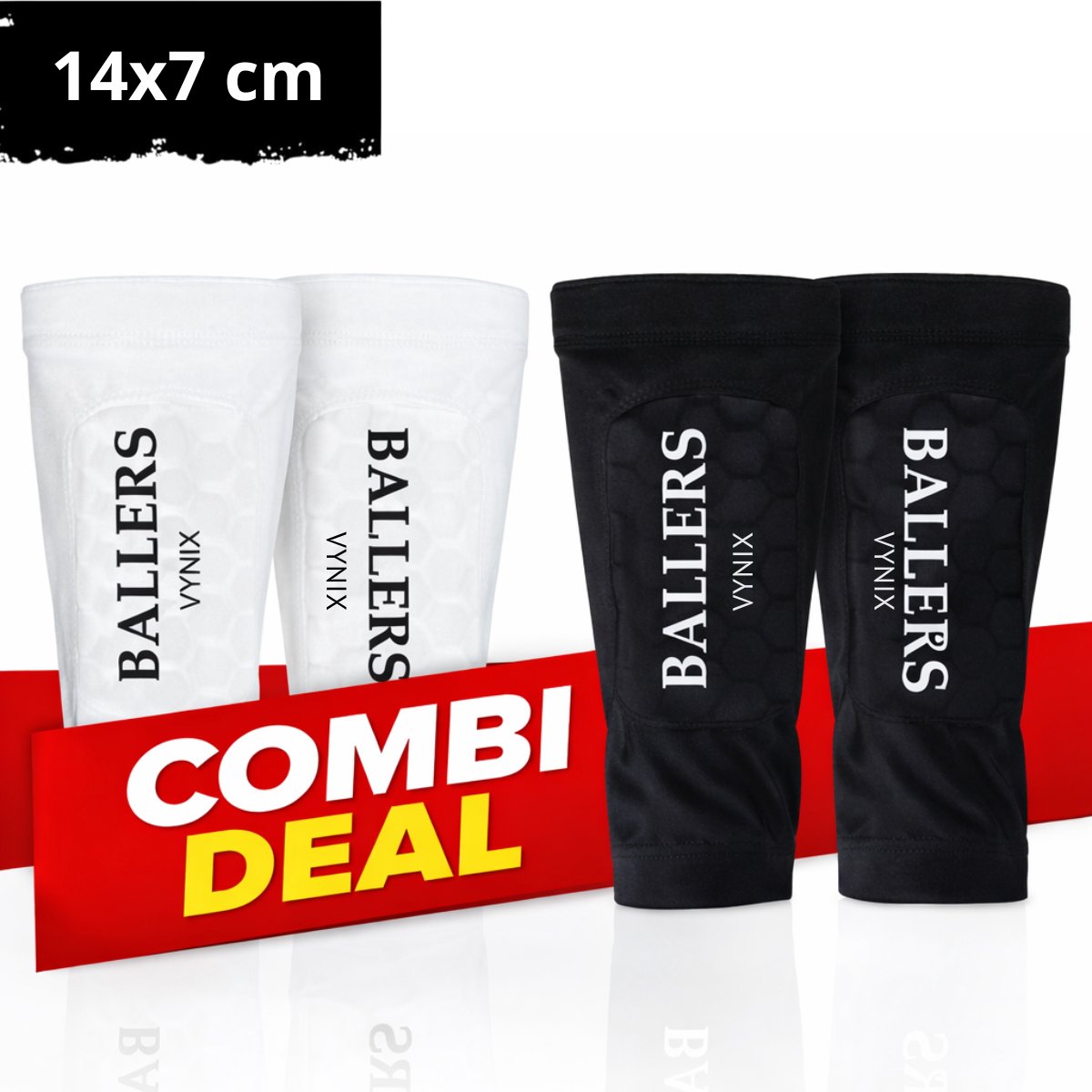 Scheenbeschermers voetbal – Vynix Ballers Ingebouwde Scheenbeschermer – Shin Pad Sleeve – Combi deal 2 paar Zwart & Wit – 12+ jaar – 14x7 cm