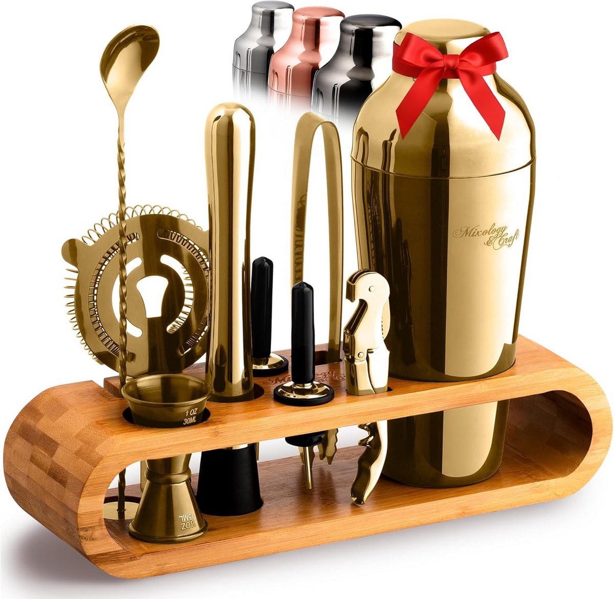 Complete 10-delige Cocktailshakerset in Bamboehouder voor Thuisbarman