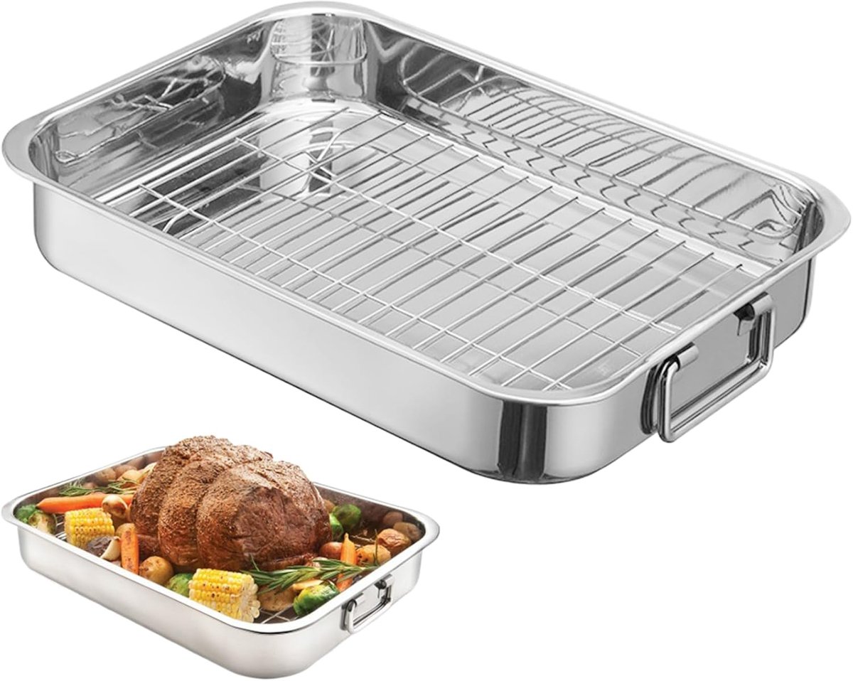 Braadslede met Rooster XL van RVS, Ovenschaal voor Kalkoen, Kip en Ham, Vaatwasserbestendig, Zilver 33*23*5CM