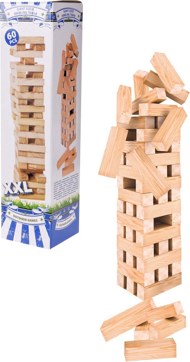 XXL Houten Toren Stapelspel – 60 Blokken Behendigheidsspel voor Binnen en Buiten