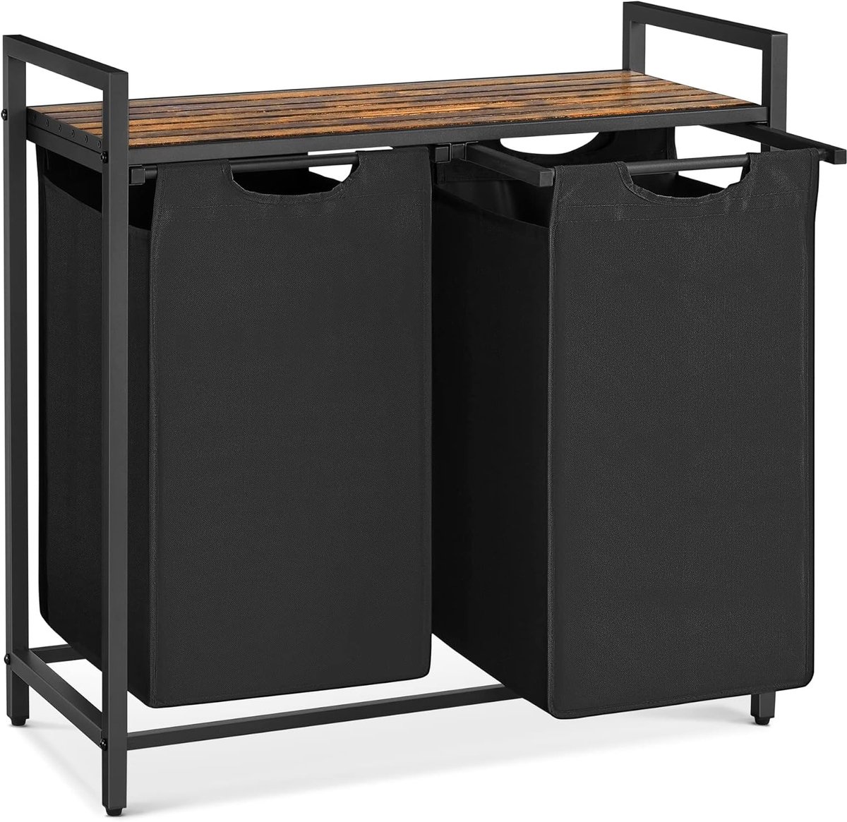 VASAGLE - Wasmand - Wasmand met 2 uittrekbare en verwijderbare zakken - Wamandmeubel - Plank - Metalen Frame - 2 x 46 liter - 92 liter totaal - 72x73x33 cm (HxBxD) Inktzwart en Rustiek Bruin UBLH201B01