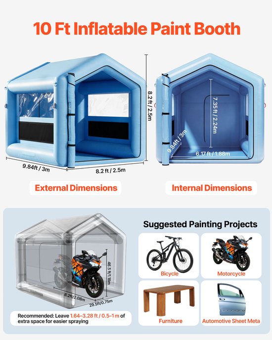 VEVOR Opblaasbare Spuitcabine 3 x 2,6 x 2,6M, Spuitcabine Tent met 550 W Blower & Luchtfiltersysteem & Transparant Venster, Driehoekig Dak, 210D Oxford Stof, Spuitverf Blauw — afbeelding 3