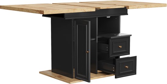 Houten tafelblad op donker onderstel met open deur en twee laden, op houten sokkel.