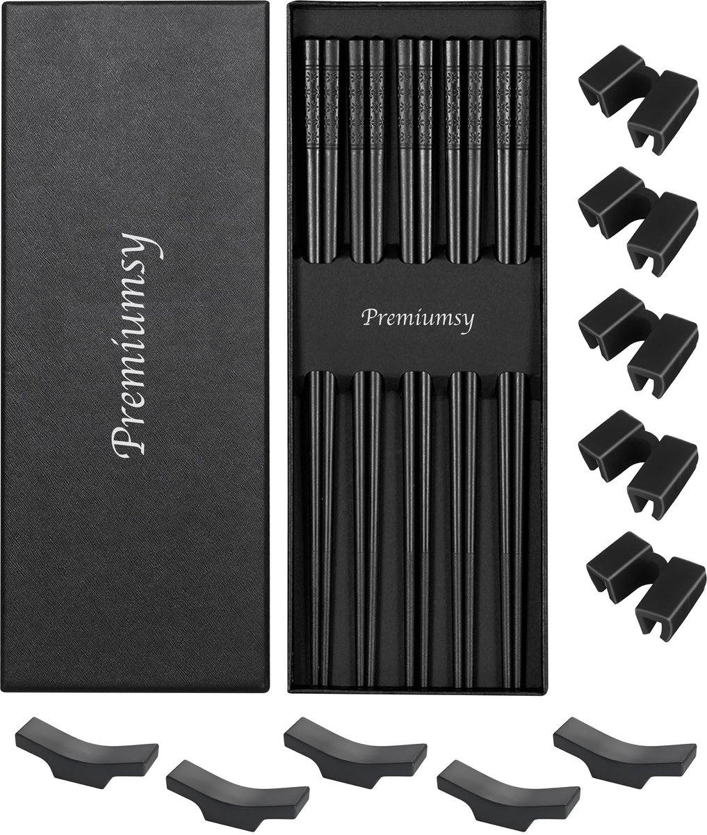 Premiumsy Chopsticks Set - 5 Paar - Koreaanse Eetstokjes - Herbruikbaar en Vaatwasserbestendig - Antislip - Fiberglass - Zwart - Incl. Houder en Hulp