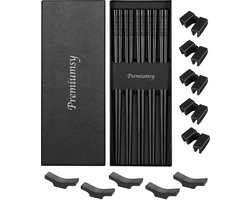 Premiumsy Chopsticks Set - 5 Paar - Koreaanse Eetstokjes - Herbruikbaar en Vaatwasserbestendig - Antislip - Fiberglass - Zwart - Incl. Houder en Hulp