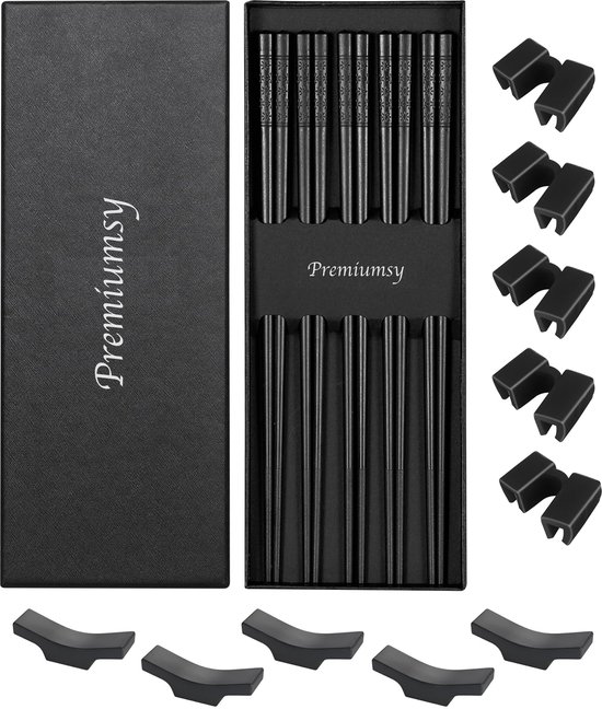 Foto: Premiumsy chopsticks set 5 paar koreaanse eetstokjes herbruikbaar en vaatwasserbestendig antislip fiberglass zwart incl houder en hulp