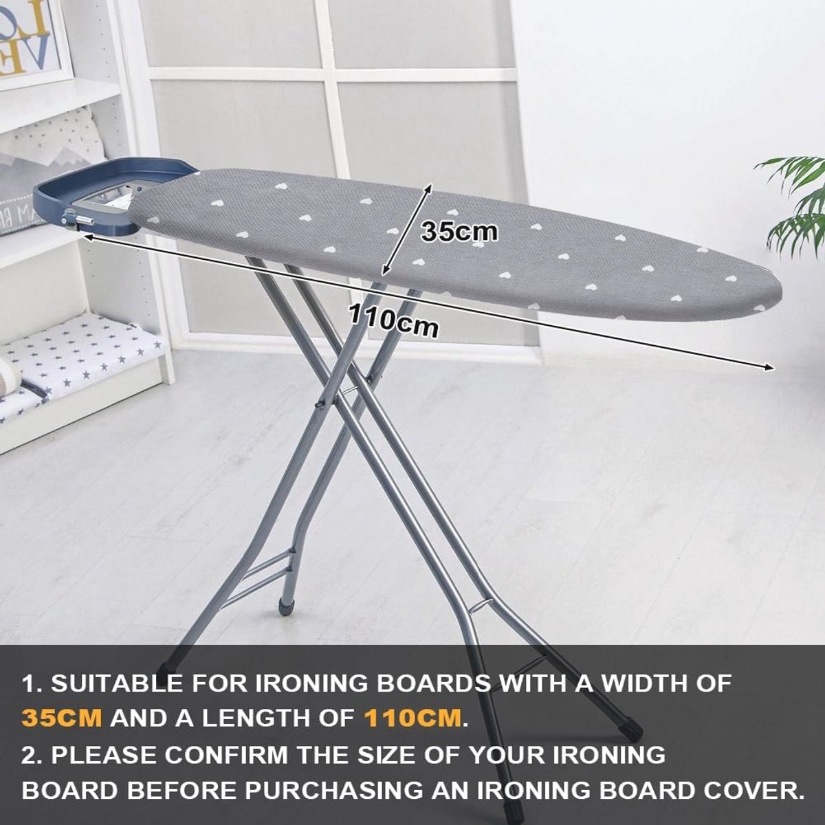 Bureau Strijkplank Hoes 110x35cm - Vervangende Strijkplankhoes met Schuim en Vezelpad - Grijs Hart