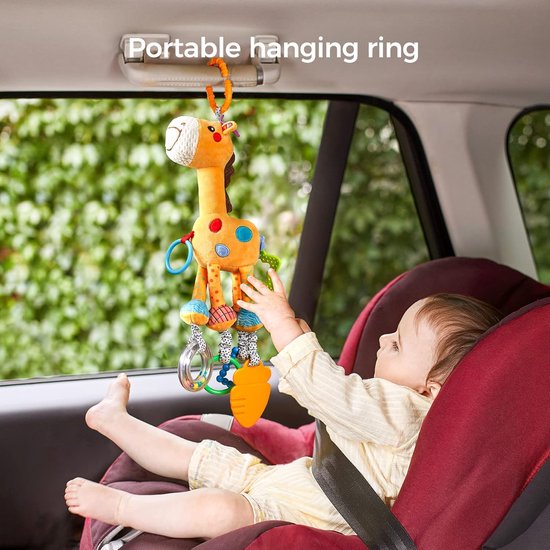 Sander Shop Giraffe Opknoping Rammelaar Speelgoed,Baby Kinderwagen Speelgoed met windklokkenspel,Kinderwagen Autostoel Wieg Pluche Dieren Activiteitenspeelgoed Cadeau voor Pasgeborene 0,3,6,9,12,36 Maand-Geel van Sander Shop — afbeelding 2