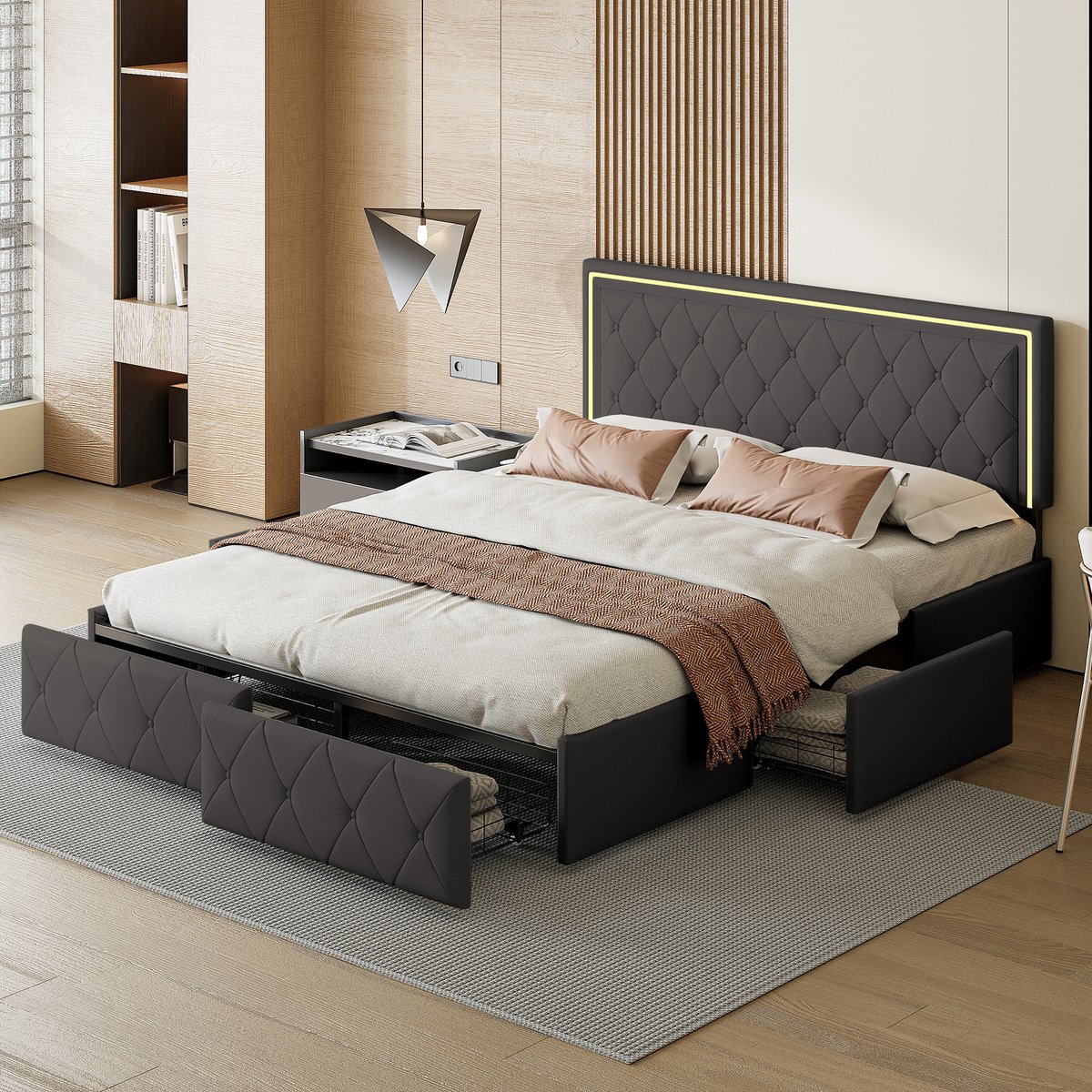 Modern kunstleren tweepersoonsbed met lades, LED-verlichting, gestoffeerd bed, 140 x 200 cm, met LED-hoofdbord en lattenbodem, 4 praktische lades, stijlvol design, ideaal voor tienerkamers en moderne kamers, grijs, exclusief matras