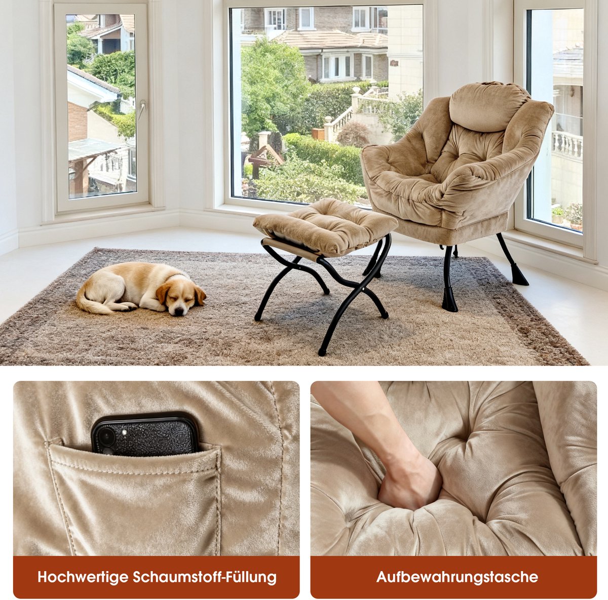 Fauteuil met voetenbankje, relaxfauteuil met armleuningen, zijvak en voetensteun, loungestoel, tv-stoel, oorfauteuil voor woonkamer, slaapkamer, kantoor, kaki