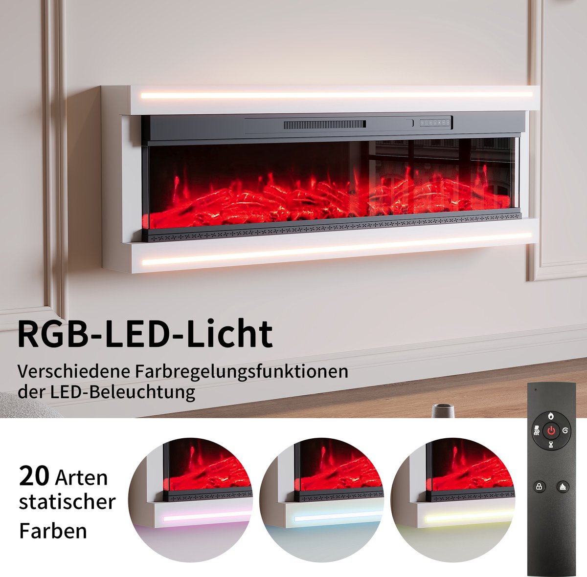 Elektrische wandhaard, 750/1500W verwarmingselement met LED-vlam, timer en oververhittingsbeveiliging, voor woonkamer en slaapkamer, 50"