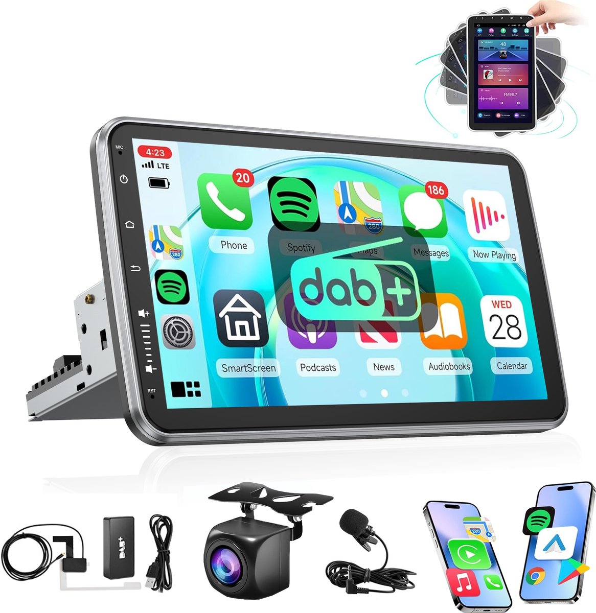 ESSGOO DAB+ 1Din Autoradio - Android 15 4+64GB - Apple Carplay & Android Auto (Draadloos) - 10.1 Inch IPS HD Draaibaar Touchscreen - GPS Navigatiesysteem - Bluetooth, USB, WIFI, SWC - AHD Achteruitrijcamera