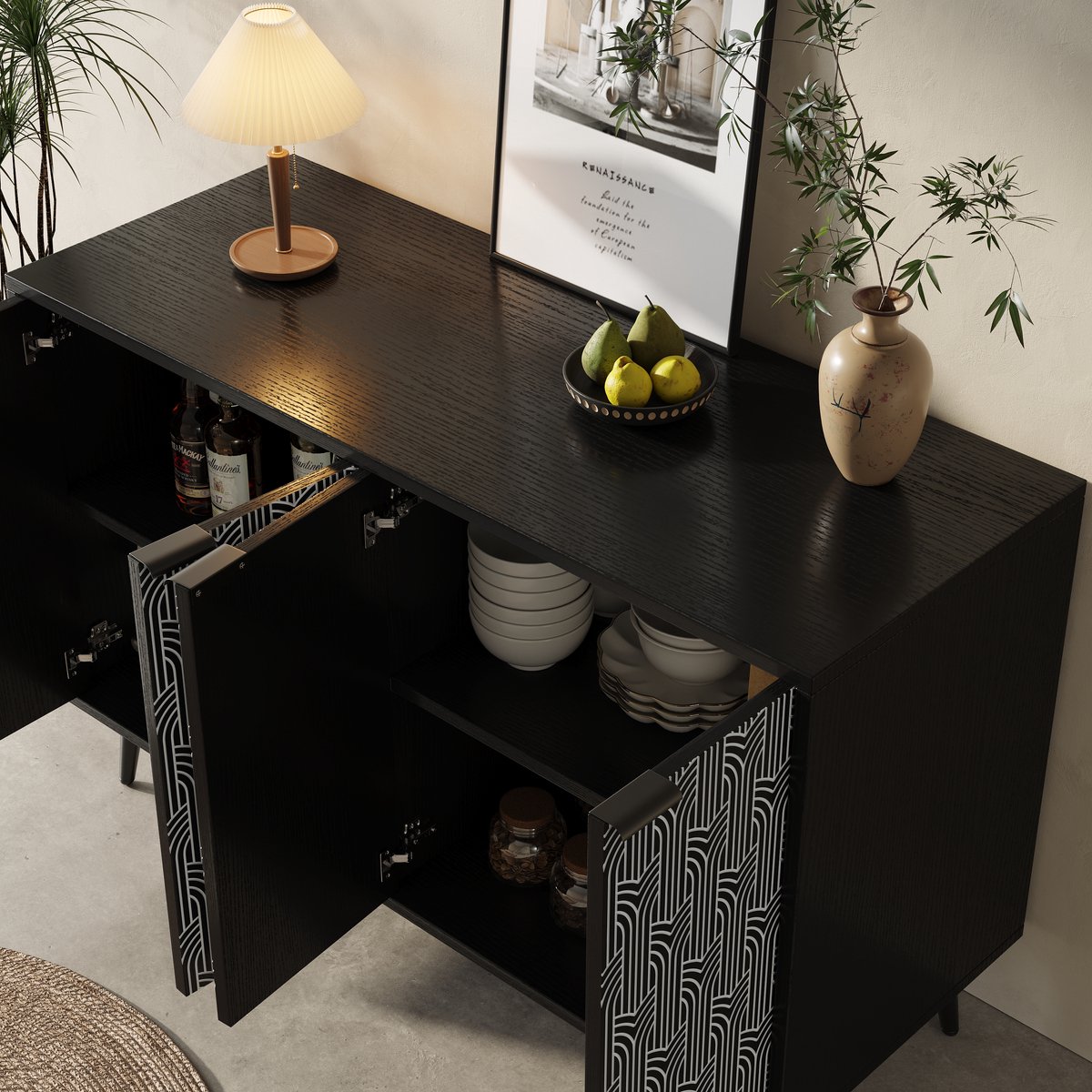 HAUSS SPOLE Dressoir - Sideboard Met Uniek Zwart-Wit Geometrisch Deurpatroon - 3 Verstelbare Legplanken En Anti-Kantelbeveiliging - MDF Met Metalen Poten - 120x35x78 cm - Zwart