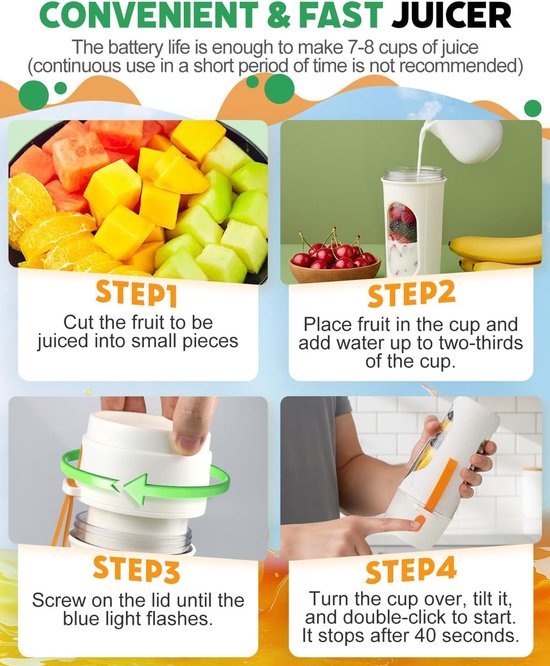 Blender - Draagbare Blender - Portable Blender - Blender Smoothie - 450 Ml -Bpa-Vrije - Draagbare Fles Met 12 Messen - Oplaadbare - Compact En Gemakkelijk Schoon Te Maken - Voor Smoothies, Shakes & Milkshakes van Merkloos — afbeelding 5
