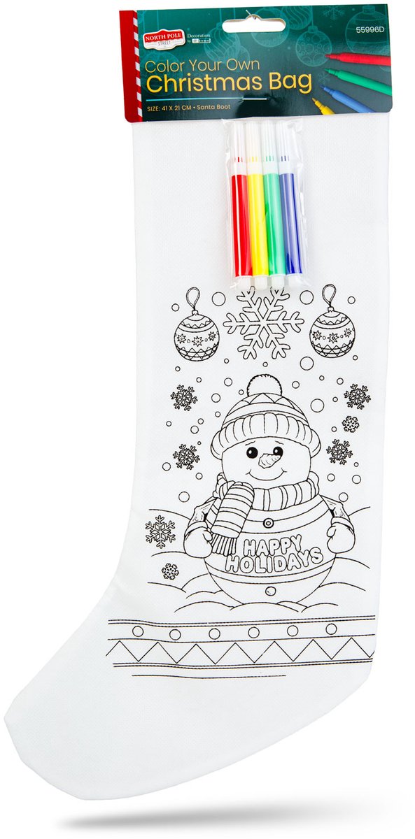Kleurbare Kerstsok Kerstman – Knutsel Kerstdecoratie Met 4 Stiften – Creatieve Activiteit Voor Kinderen – Personaliseerbaar Ontwerp – 41 X 21 Cm – PET Non Woven – 4 Designs Willekeurig 1 Stuks [55996D]