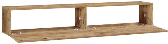 Zwevend tv-meubel van donker eikenhout, met deurtjes naar beneden openend.