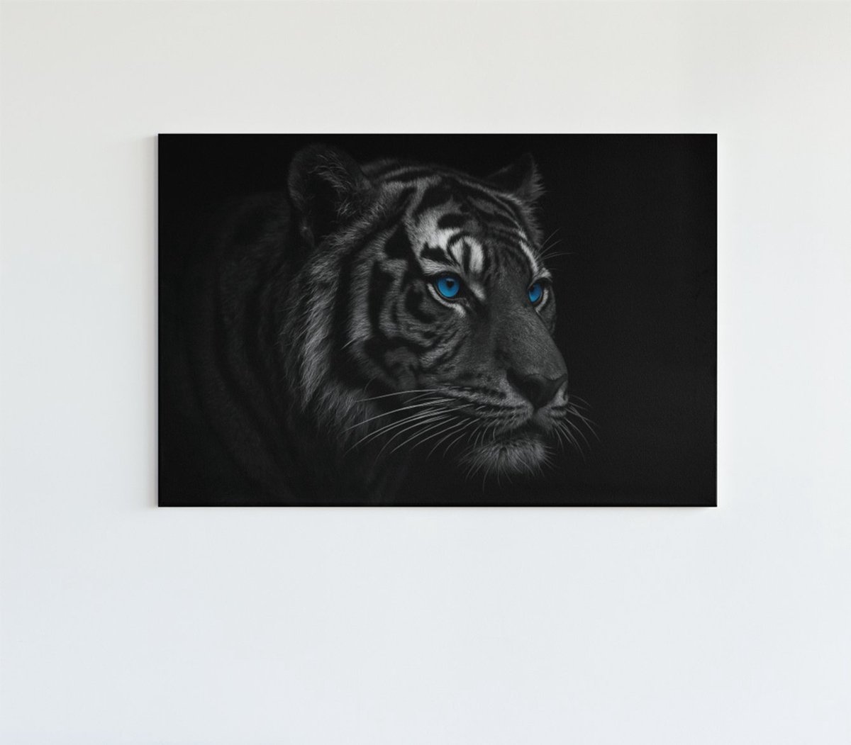Trendex Global Canvas Schilderij Dieren - Tijger met Blauwe Ogen - Wall Art - 150x100 cm Zwart