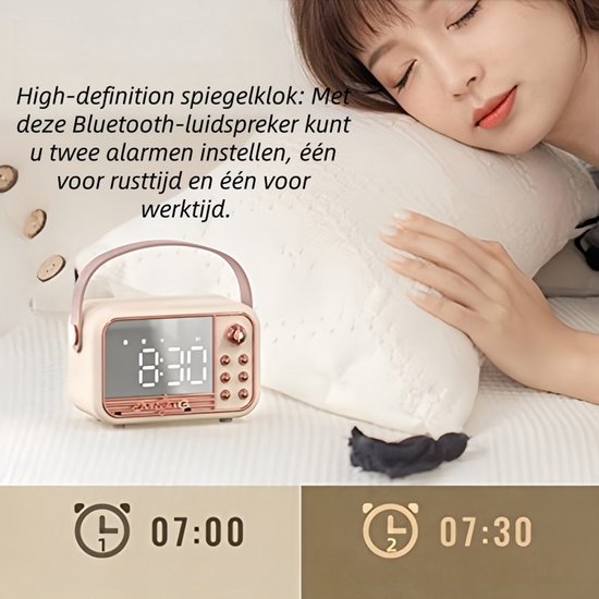 1 artikel - Luidspreker - Draadloze Bluetooth-luidspreker met wekkerfunctie - Luidspreker met mini-kaartsleuf - Cadeau - Ondersteunt TF-kaart, USB-flashdrive en AUX-interface - Vintage design - Roze van Merkloos — afbeelding 2